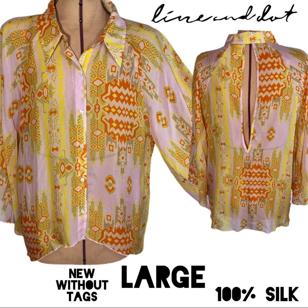 NWOT Large Line & Dot Pink and Yellow Silk Button Up Collared Top Keyhole Sheer